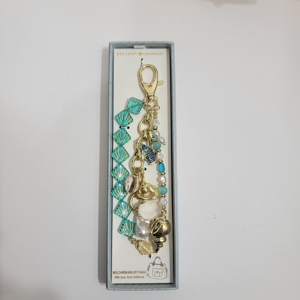 Eye Candy L.A Coastal Sea Shell Fish Bag Charm Key Chain Teal‎ Gold Layered NIB